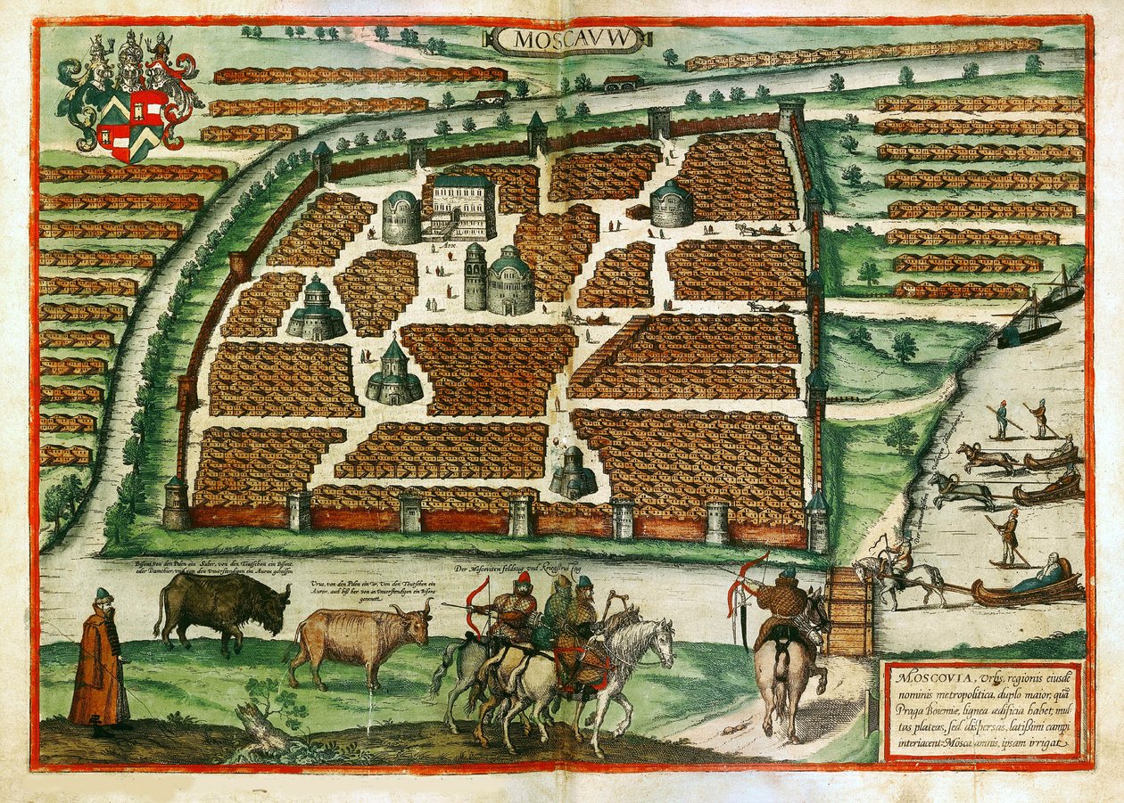 Mapa de Moscú (Rusia) - Obra de Frans Hogenberg (1535-1590), grabado y acuarela extraídos del terrario Civitates orbis de Franz Hogenberg