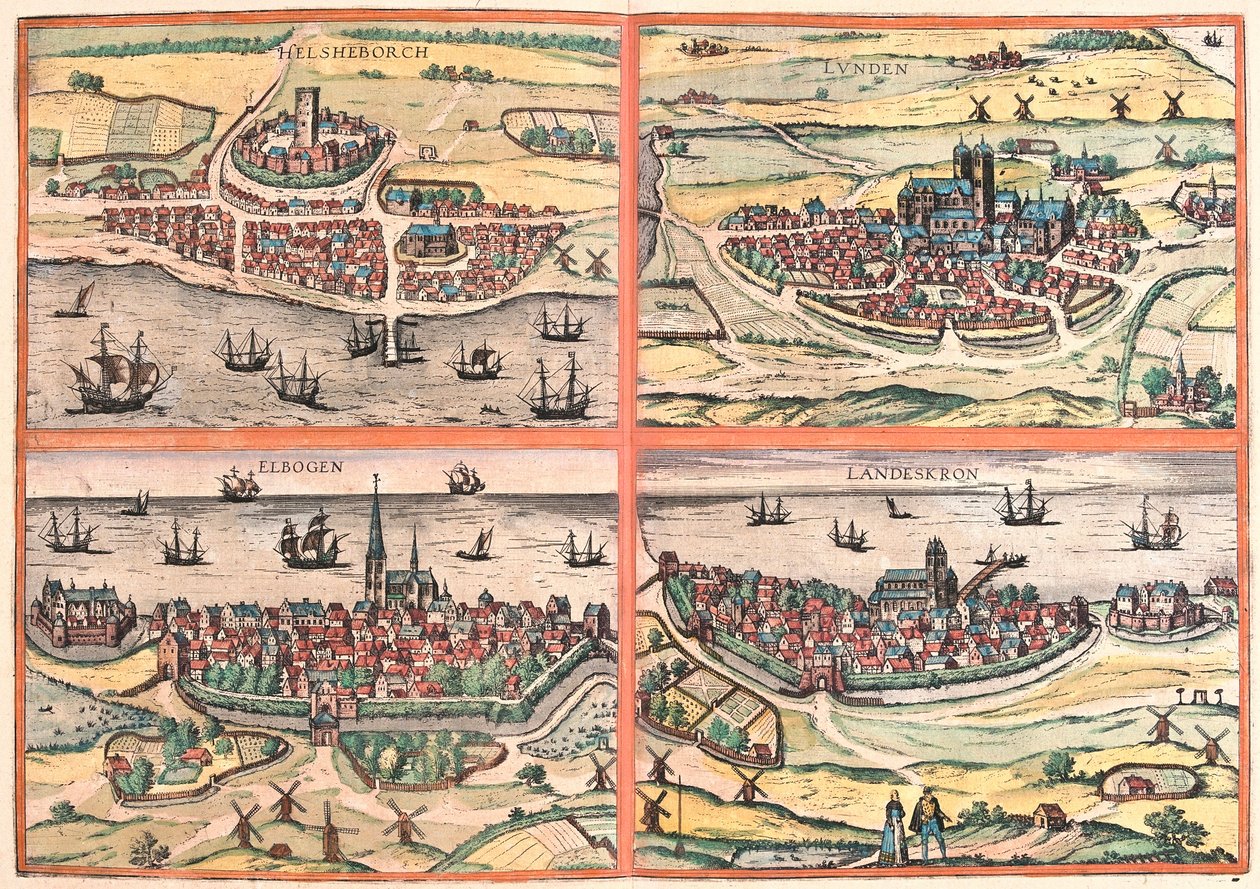 Helsingborg, Lunden, Malmo y Landskrona (Suecia) (grabado) de Franz Hogenberg