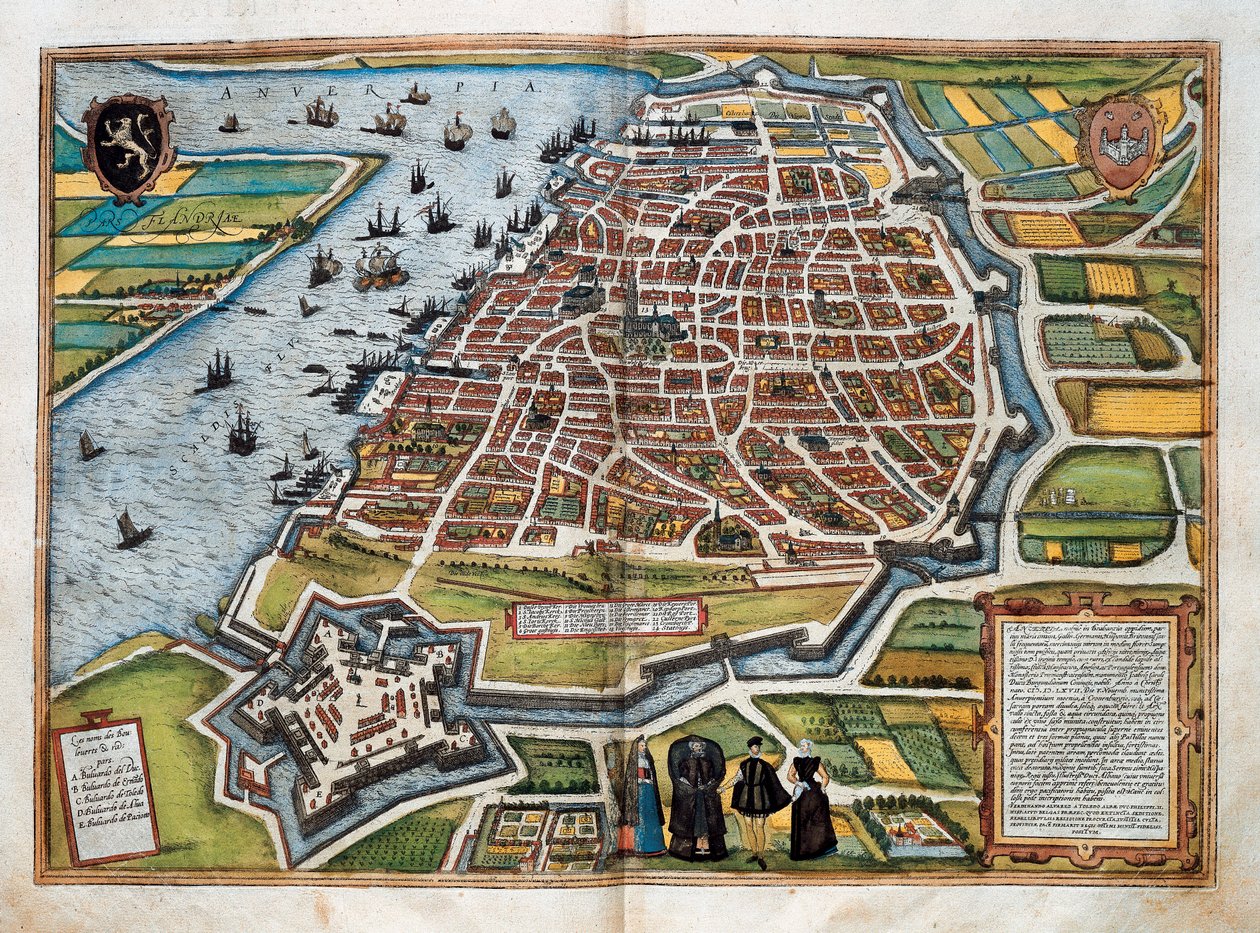 Mapa de Amberes, de "Civitates orbis terrarum" (grabado coloreado) de Franz Hogenberg