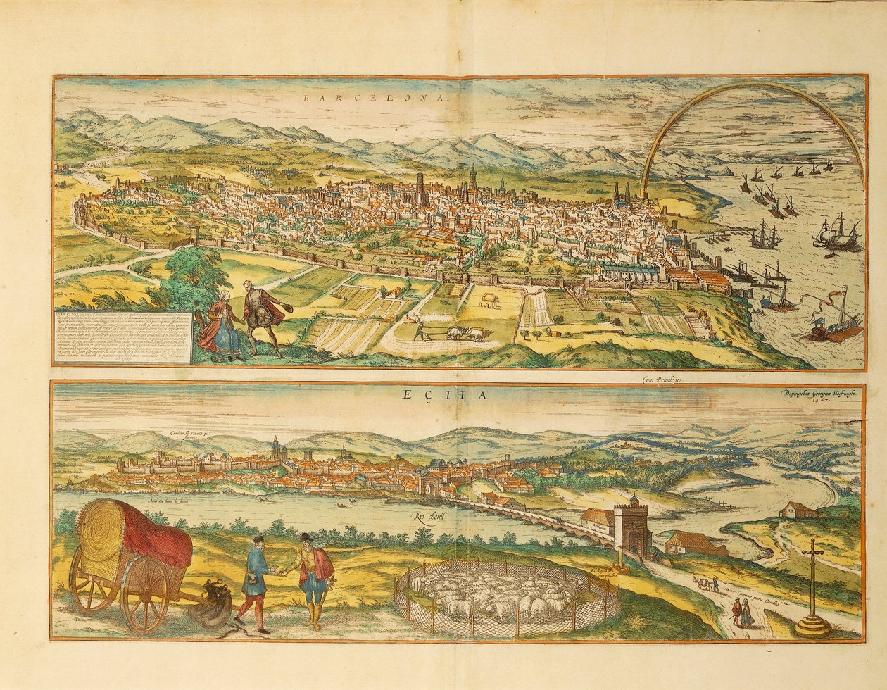 Mapa de Barcelona y Écija de Civitates Orbis Terrarum por Georg Braun de Franz Hogenberg