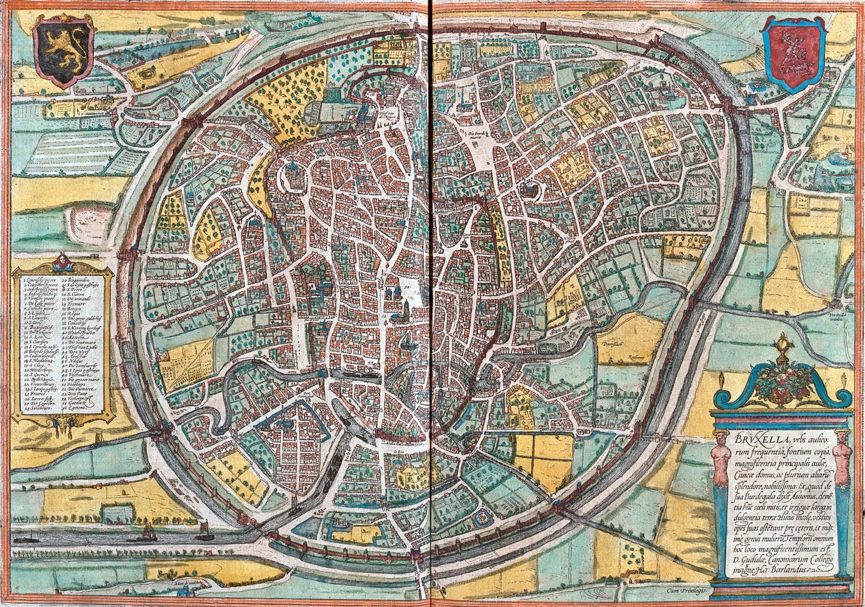 Mapa de Bruselas (Bruxella), Bélgica (aguafuerte) de Franz Hogenberg