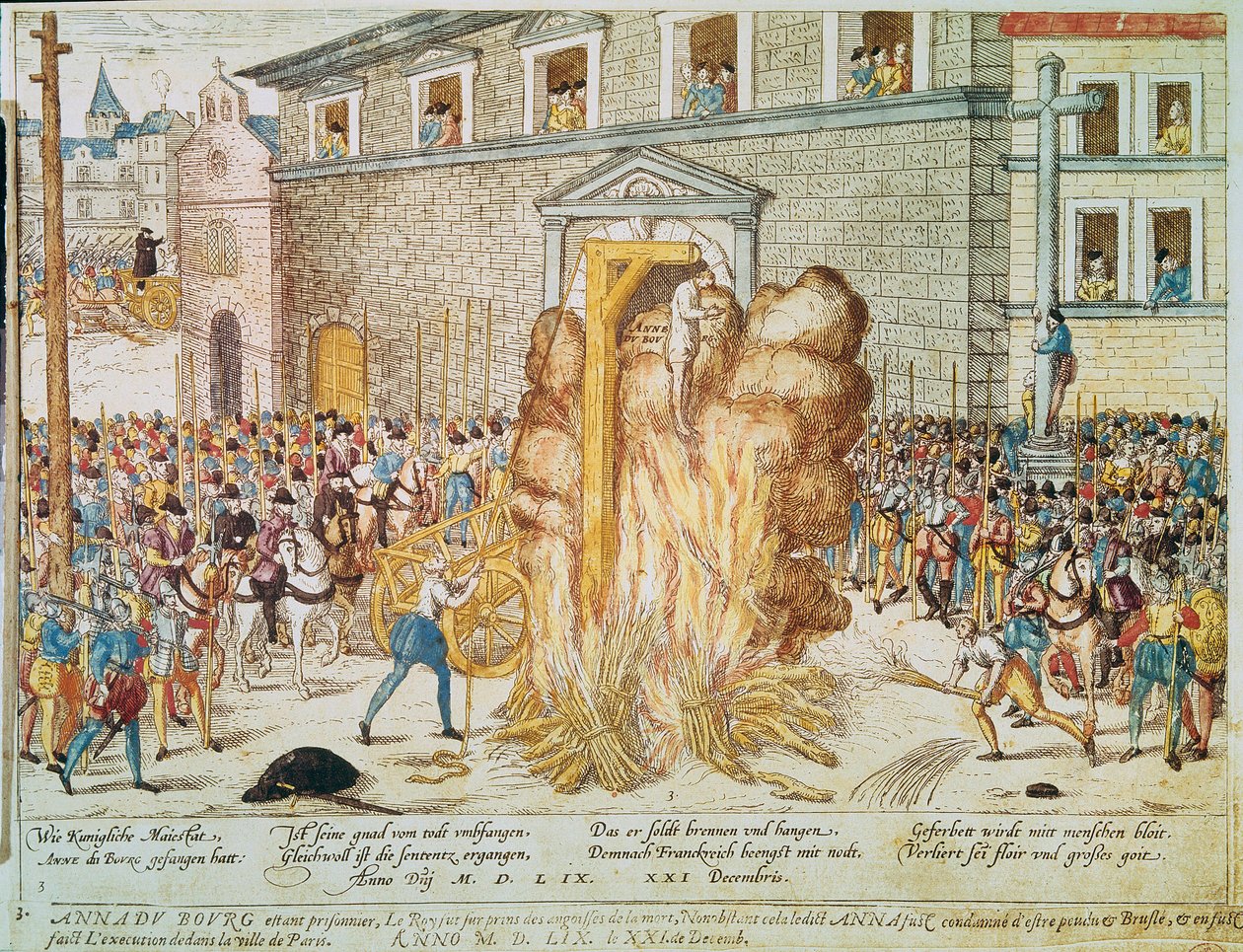 Guerra religiosa: ejecución del magistrado protestante francés Anne du Bourg (1521-1559) el 23/12/1559 en la Place de Greve en París de Franz Hogenberg