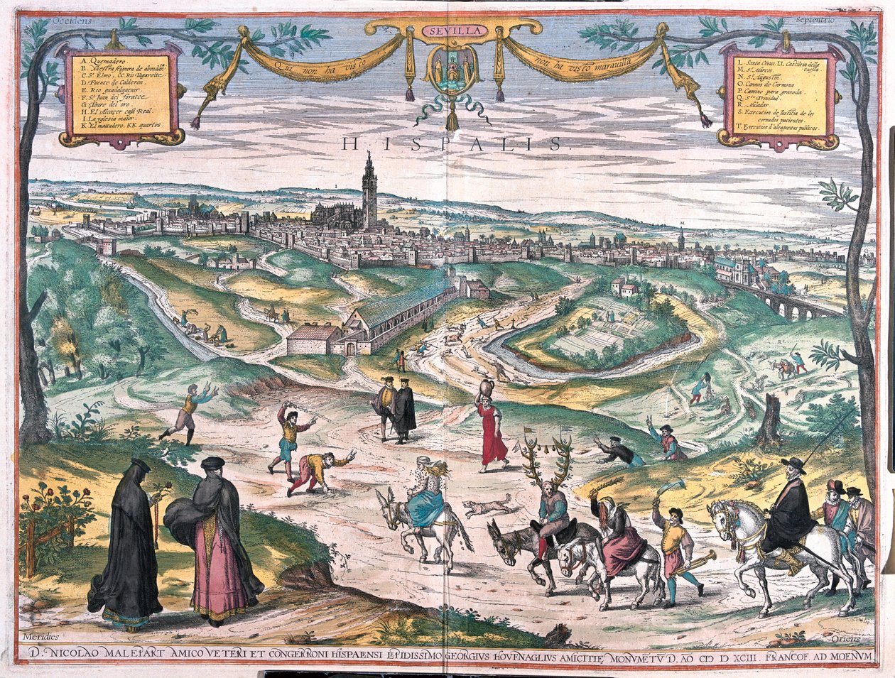 Sevilla, España. Con una escena de castigo: una alcahueta o una adúltera, ha sido untada con miel y está cubierta de abejas. El cornudo sigue detrás, llevando cuernos y una cuerda de campanas. La procesión es acompañada por magistrados (grabado) de Franz Hogenberg