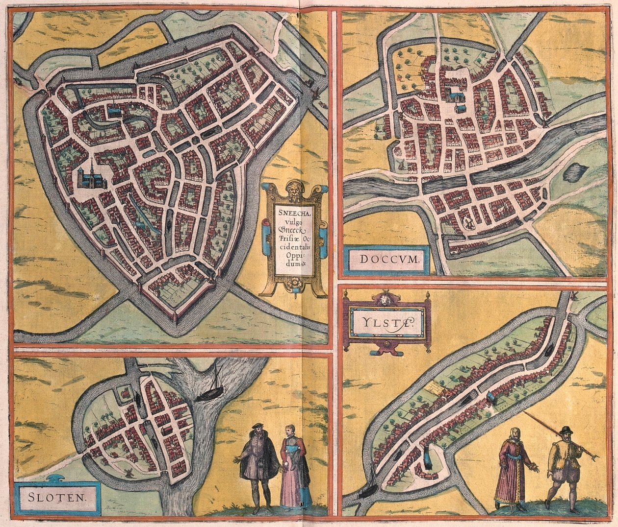 Sneek, Dokkum, Sloten, Ijlst, Países Bajos (grabado) de Franz Hogenberg