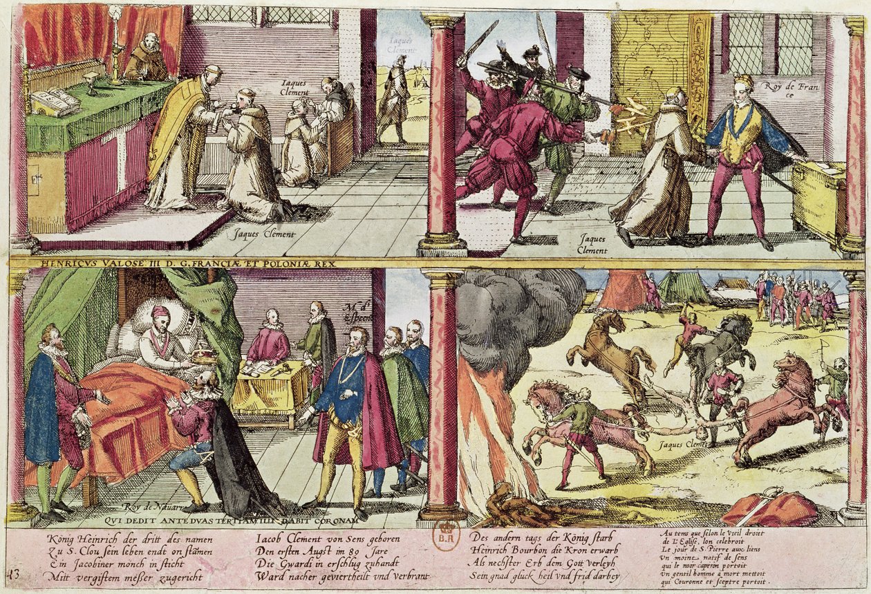 El asesinato de Enrique III (1551-89) y la ejecución de su asesino, Jacques Clement (1564-89) 1589-92 (grabado coloreado) (véase también 88464) de Franz Hogenberg