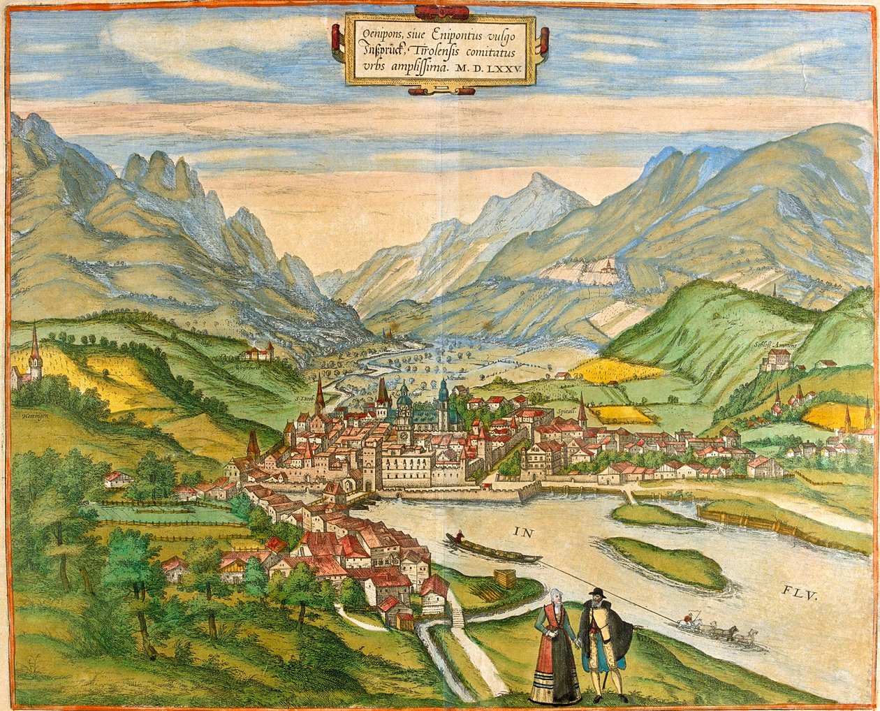 Vista de Innsbruck (Oenipons o Enipontus), Austria (aguafuerte) de Franz Hogenberg