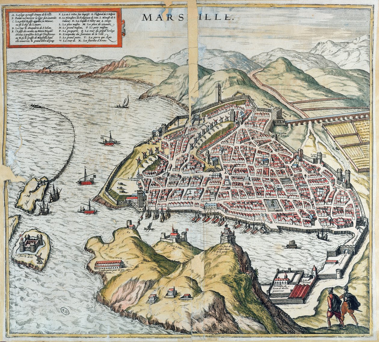 Vista de Marsella en el siglo XVI, mostrando el hospital para leprosos en la parte inferior izquierda, de 
