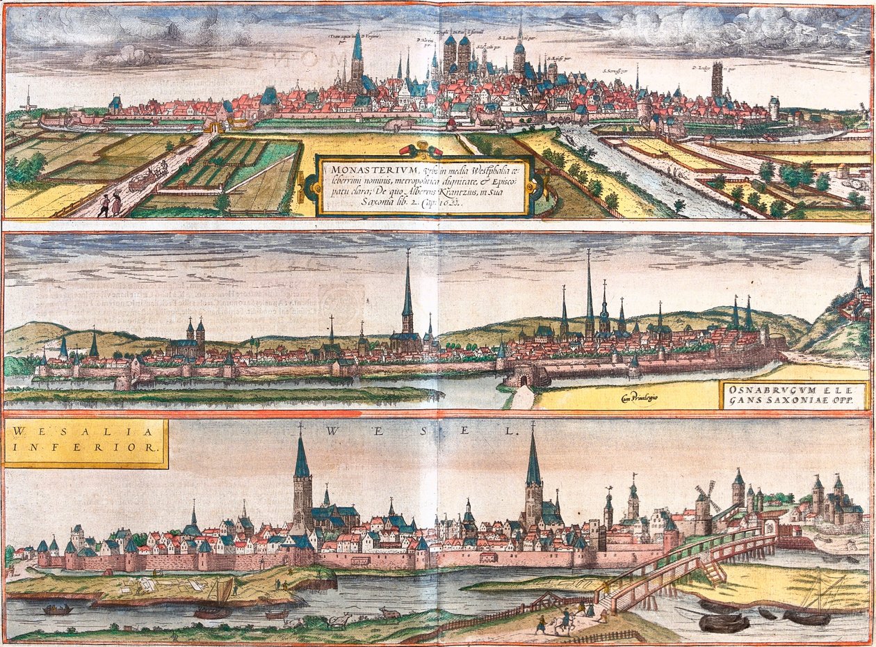 Vista de Munster (Monasterium), Osnabruck (Osnabrugum) y Wesel (Weselia), Alemania de Franz Hogenberg
