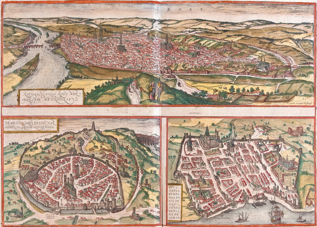 Vista de Ruan (Rotomagus), Nimes (Nemausus) y Burdeos (Burdigala), Francia de Franz Hogenberg