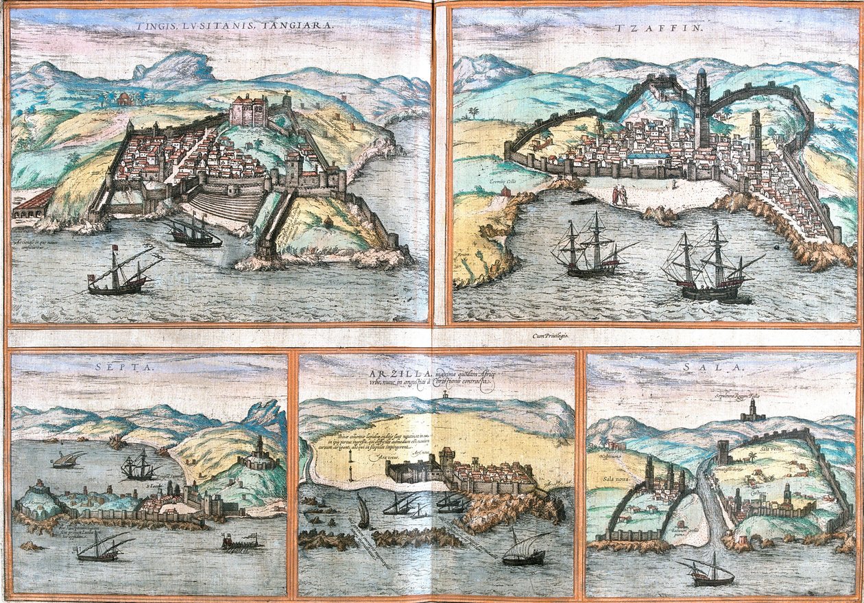 Vista de Tánger y Safi en Marruecos, Ceuta en Marruecos, Arzila o Asilah y Salé en Marruecos de Franz Hogenberg