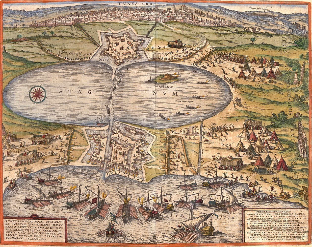 Vista de Túnez, Túnez, con la fortaleza de Goulette que controla el acceso al lago de Túnez y la nueva fortaleza frente a las murallas de la ciudad (grabado) de Franz Hogenberg
