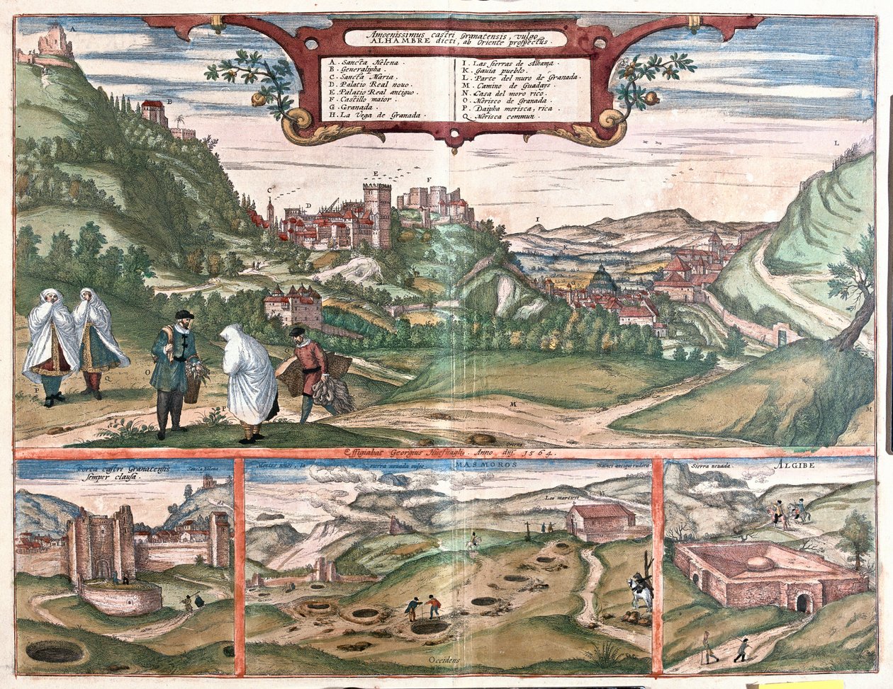Vista de la Alhambra con la Ciudad de Granada, España: en la parte superior una vista de la Alhambra en la colina Cerro del Sol. La vista inferior izquierda muestra las puertas cerradas de la Alhambra. En el centro están las bocas de las cuevas de Masmoros de Franz Hogenberg