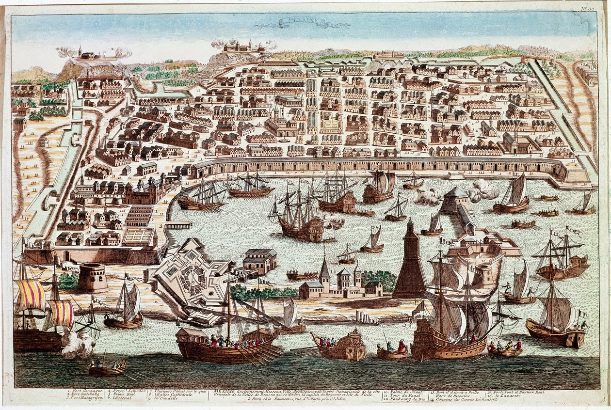 Vista de la ciudad de Mesina en Sicilia - Grabado de Franz Hogenberg de 