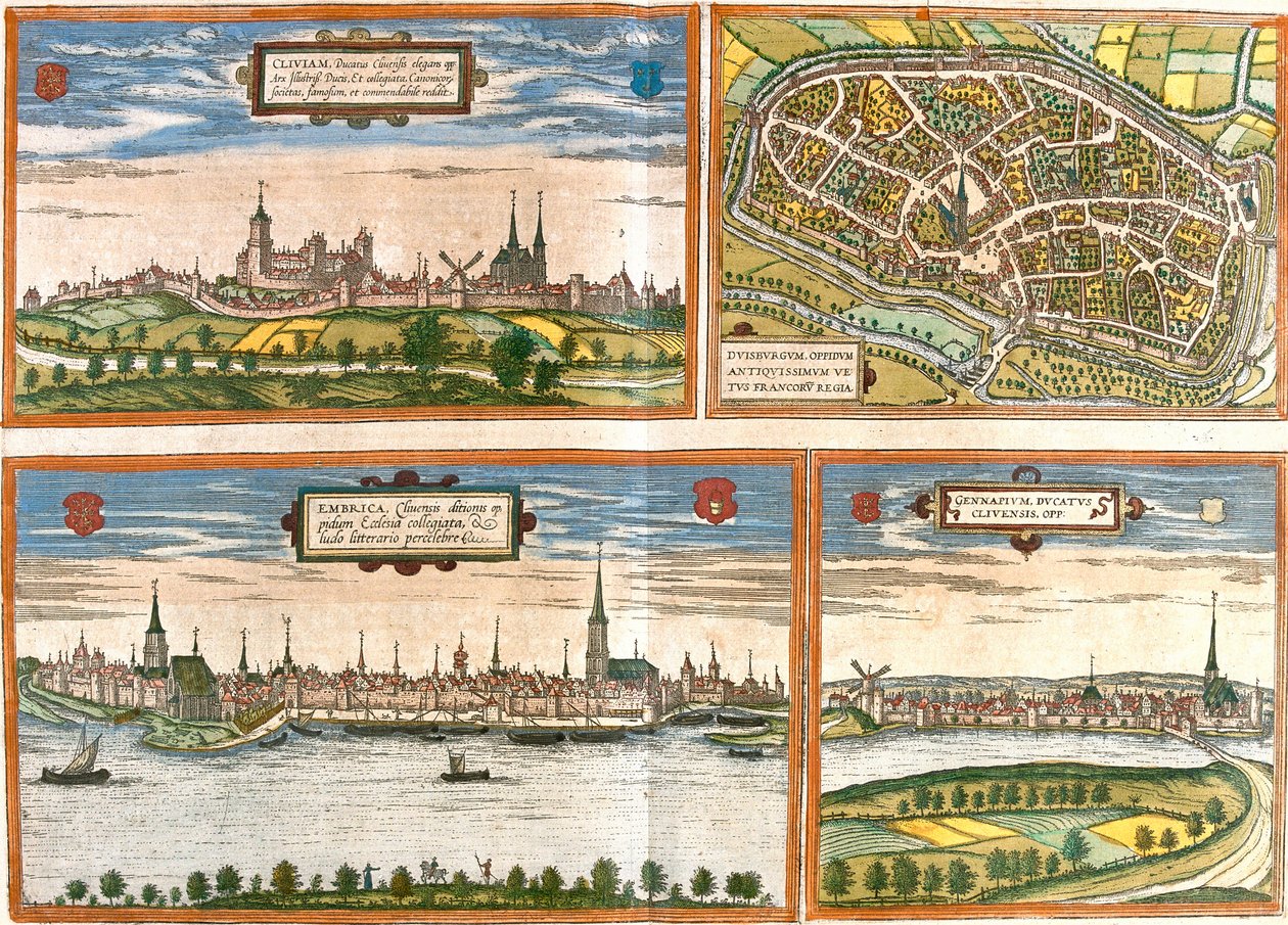 Vistas y planos de Cleves (Cliviam), Duisburg (Duisburgum), Emmerich am Rhein (Embrica) en Alemania y Genappe en Bélgica de Franz Hogenberg