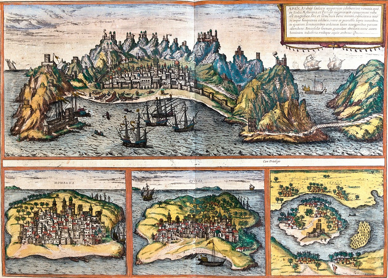 Vistas de Adén (Yemen), Mombasa (Mombaza) (Kenia), Kilwa Kisiwani (Quiloa) (Tanzania) y Cefala Diana (Cefala) (Sicilia, Italia) de Franz Hogenberg