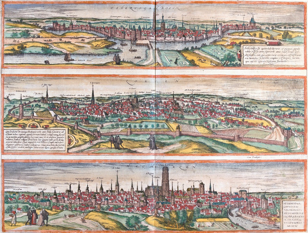 Vistas de Bois le Duc (Buscumducis), en los Países Bajos, Lovaina (Lovanium) y Machelen (Mechlineen) en Bélgica de Franz Hogenberg