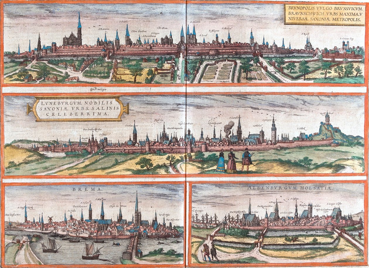 Vistas de Brunswick (Brusvicum), Luneburgo (Loneburgum), Bremen (Brema) y Oldenburg (Aldenburgum), Alemania de Franz Hogenberg