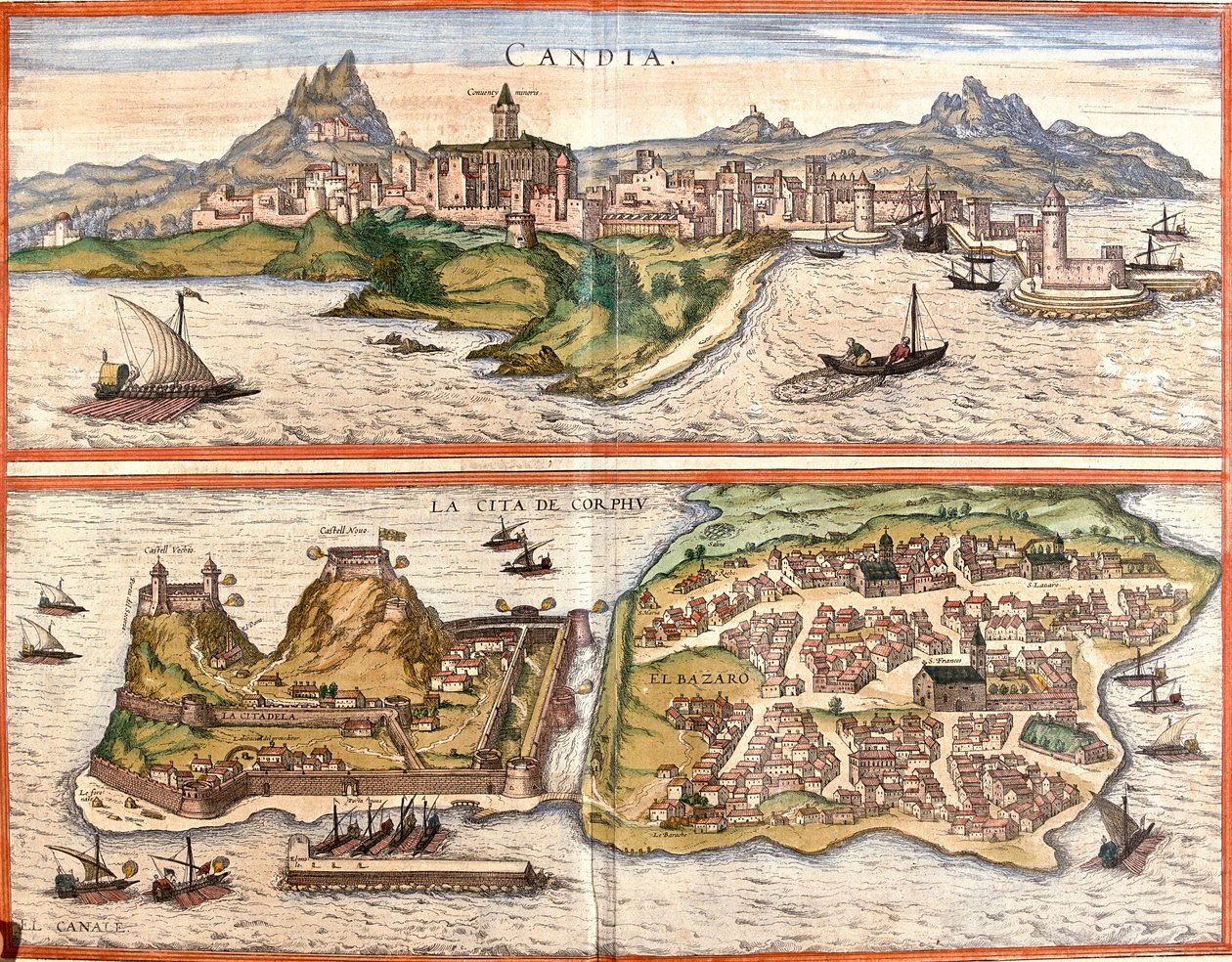 Vistas de Candia (Candia), actual Heraklion en la isla de Creta y Corfú o Corcyra (Corphu), isla griega de Franz Hogenberg