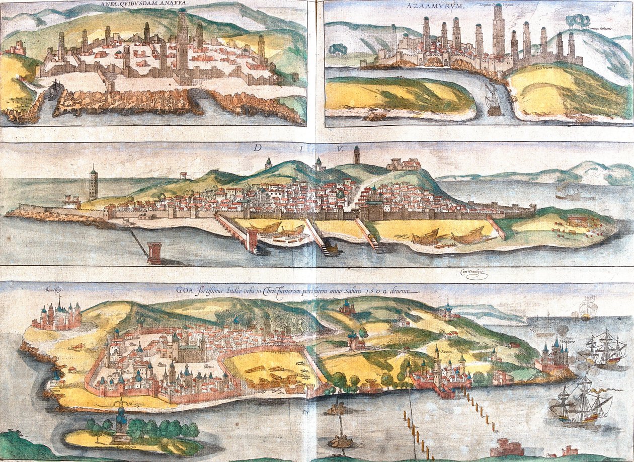Vistas de Casablanca (Anfa) y Azemmour (Azaamurum) en Marruecos, Diu y Goa (India) de Franz Hogenberg