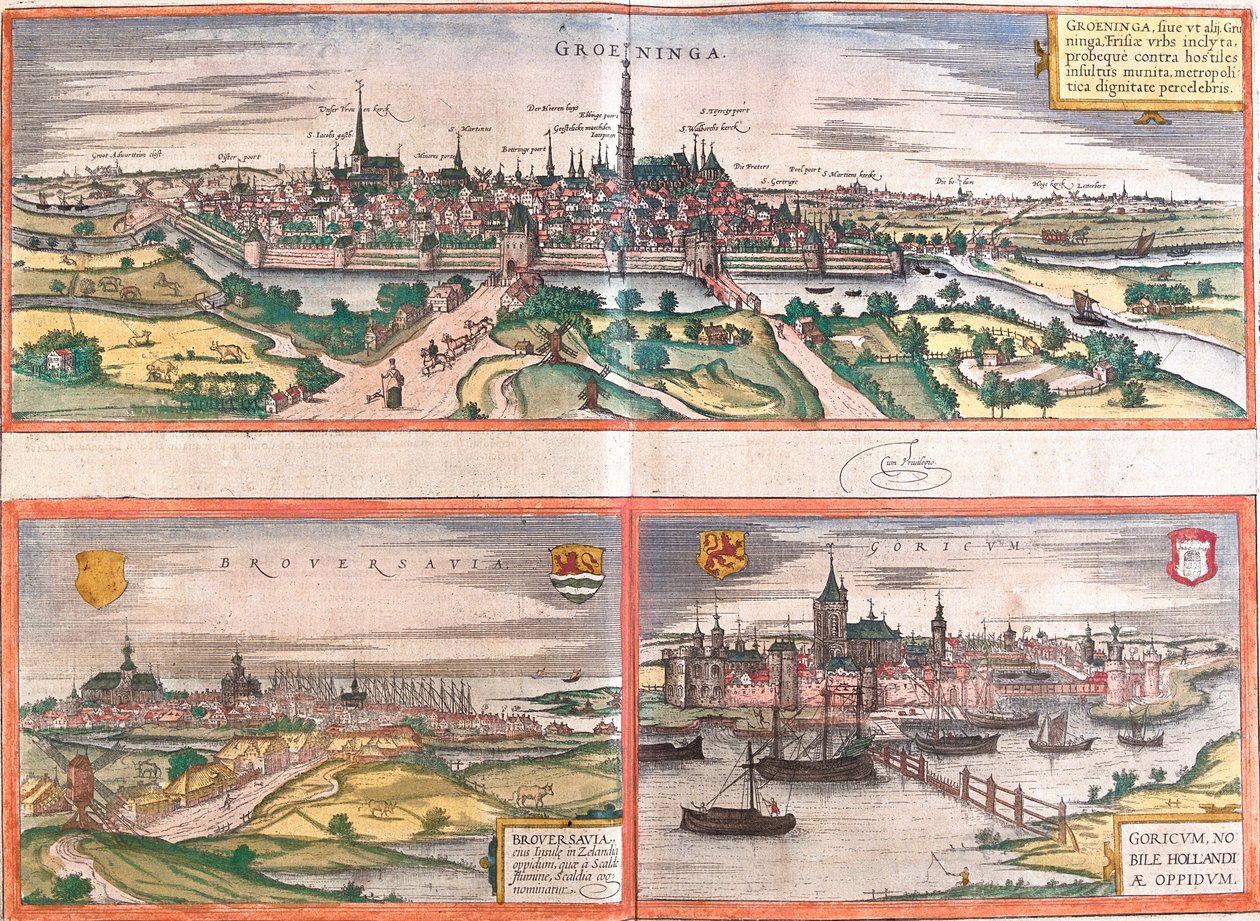 Vistas de Groningen (Groeninga), Brouwershaven (Broversavia) y Gorinchem (Goricum), en los Países Bajos de Franz Hogenberg