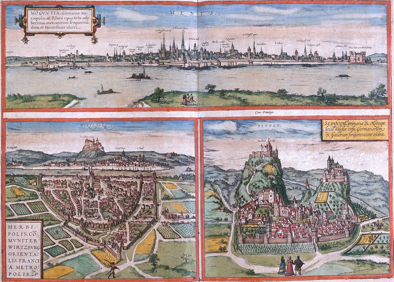 Vistas de Maguncia (Moguntia), Wurzburgo, Alemania y Sion (Sedunum) en Suiza de Franz Hogenberg