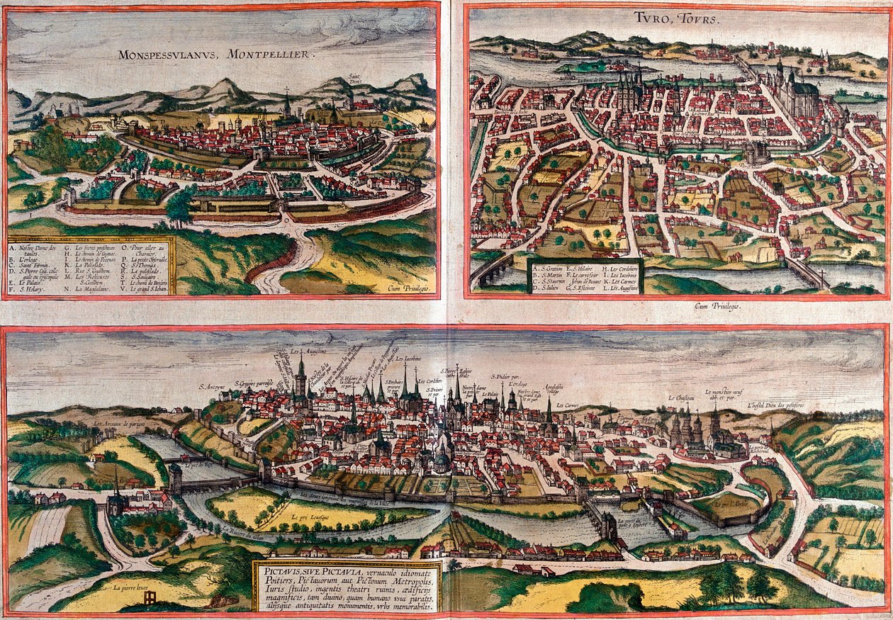 Vistas de Montpellier (Monspessulanus), Tours (Turo) y Poitiers (Pictavis), Francia (aguafuerte) de Franz Hogenberg