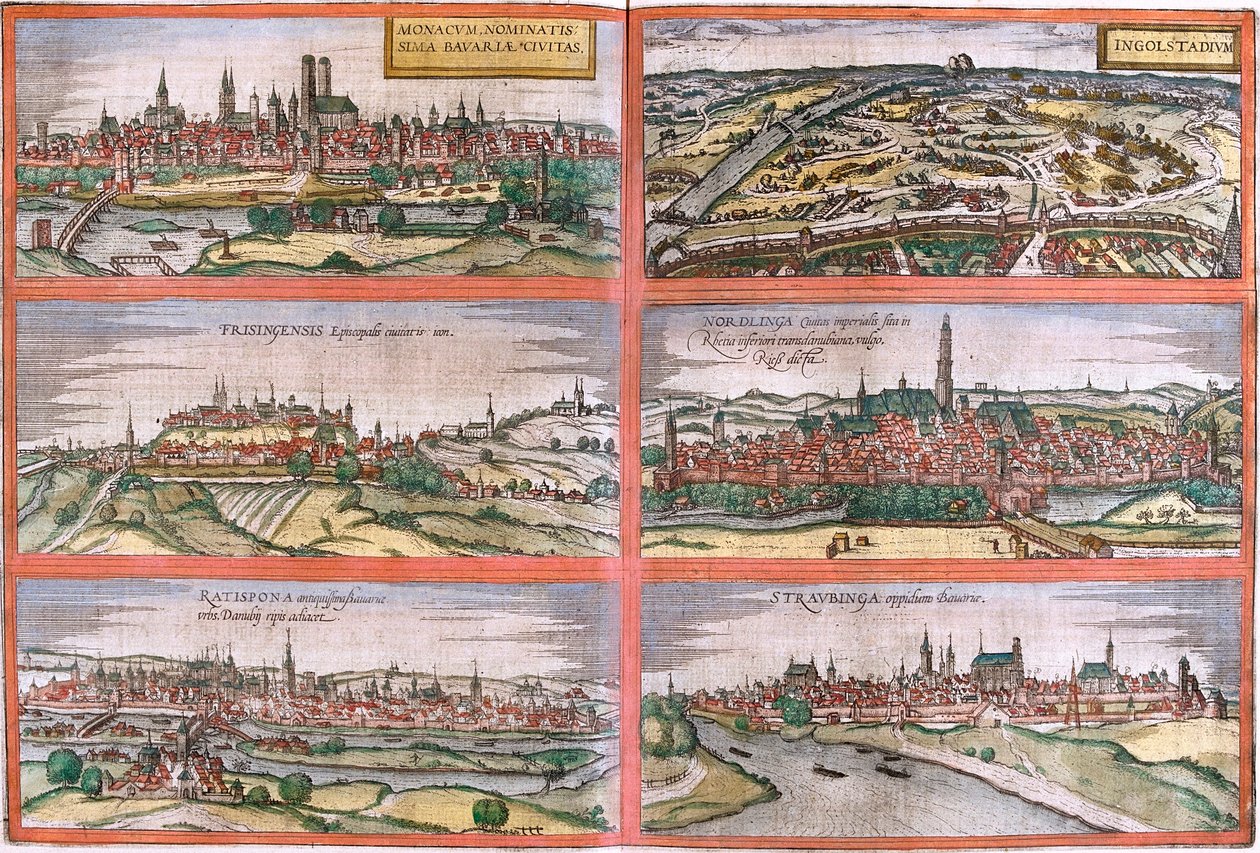 Vistas de Múnich (Monacum), Ingolstadt (Ingolstadium), Freising (Frisingensis), Nordlingen (Nordlinga), Ratisbona (Ratispona) y Straubing (Stravbinga), Alemania de Franz Hogenberg
