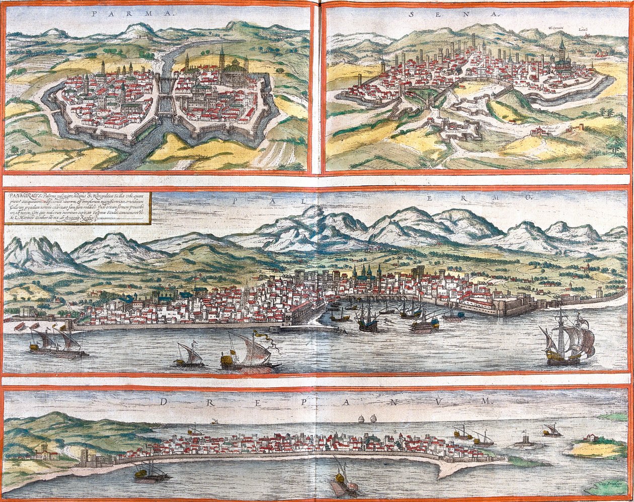 Vistas de Parma (Parma), Siena (Sena), Palermo (Panhormus) y Trapani (Drepanum) (Sicilia), Italia de Franz Hogenberg
