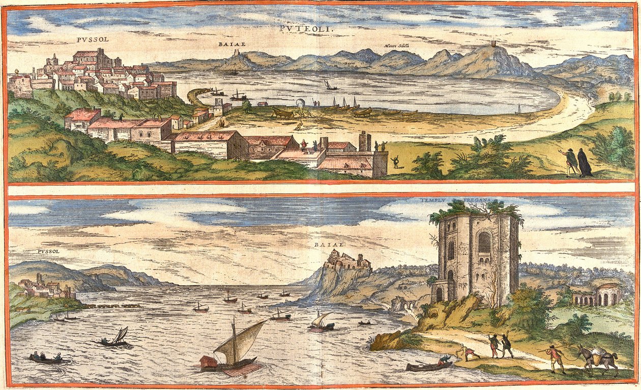 Vistas de Pozzoli (Puteoli) y Bays (Baiae) (actual Baia), Italia, con los restos antiguos de los baños termales del Golfo de Nápoles y una fortaleza de Franz Hogenberg
