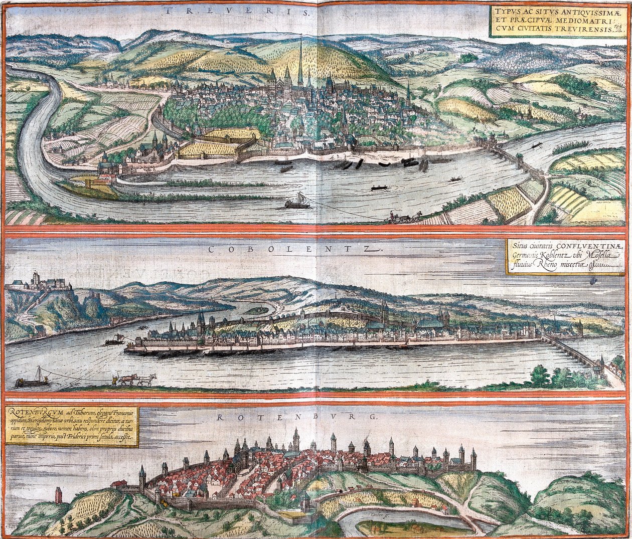 Vistas de Treves (Treveris), Koblenz (Coboletz) y Rothenburg (Rotenburgum), Alemania de Franz Hogenberg