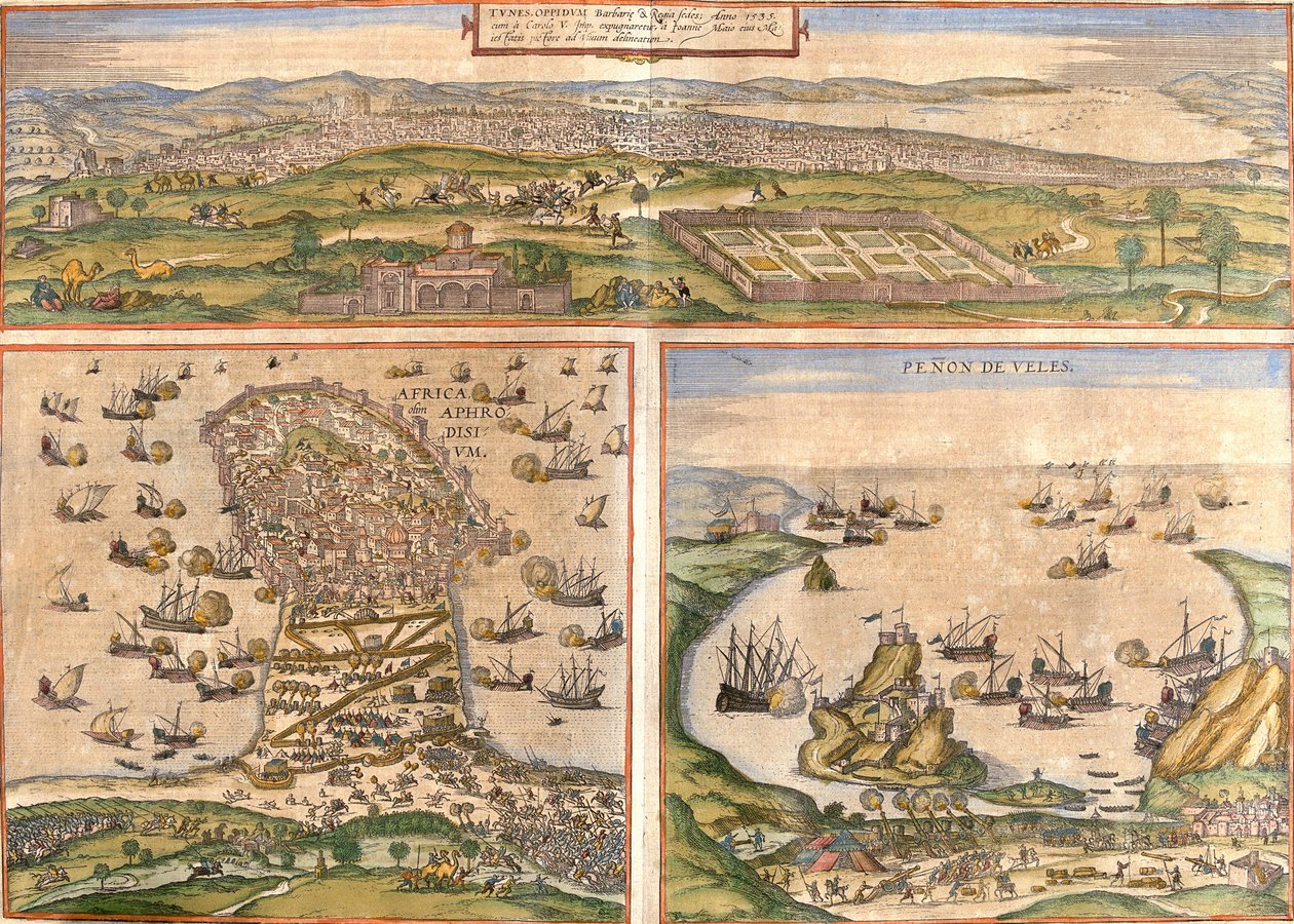 Vistas de Túnez y Mahdia en Túnez, y Peñón de Vélez de la Gomera o Badis, disputado entre España y Marruecos de Franz Hogenberg