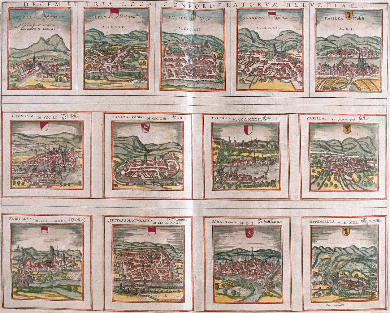 Vistas de las principales ciudades de la Confederación Suiza: Schwytz (Svicia), Zug (Tugium), Glaris (Glarona), Bale (Basilea), Zurich (Tugurum), Bern (Ursina), Lucerna (Lucerna), Uri (Ursella), Friburgo (Frigurgum), Solothurn (Soloturensis), Schaffhausen  de Franz Hogenberg