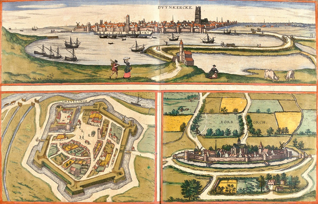 Vistas de Dunkerque (Duynkercke), Gravelinas (Grevelinge) y Bourbourg (Borborch), Francia de Franz Hogenberg