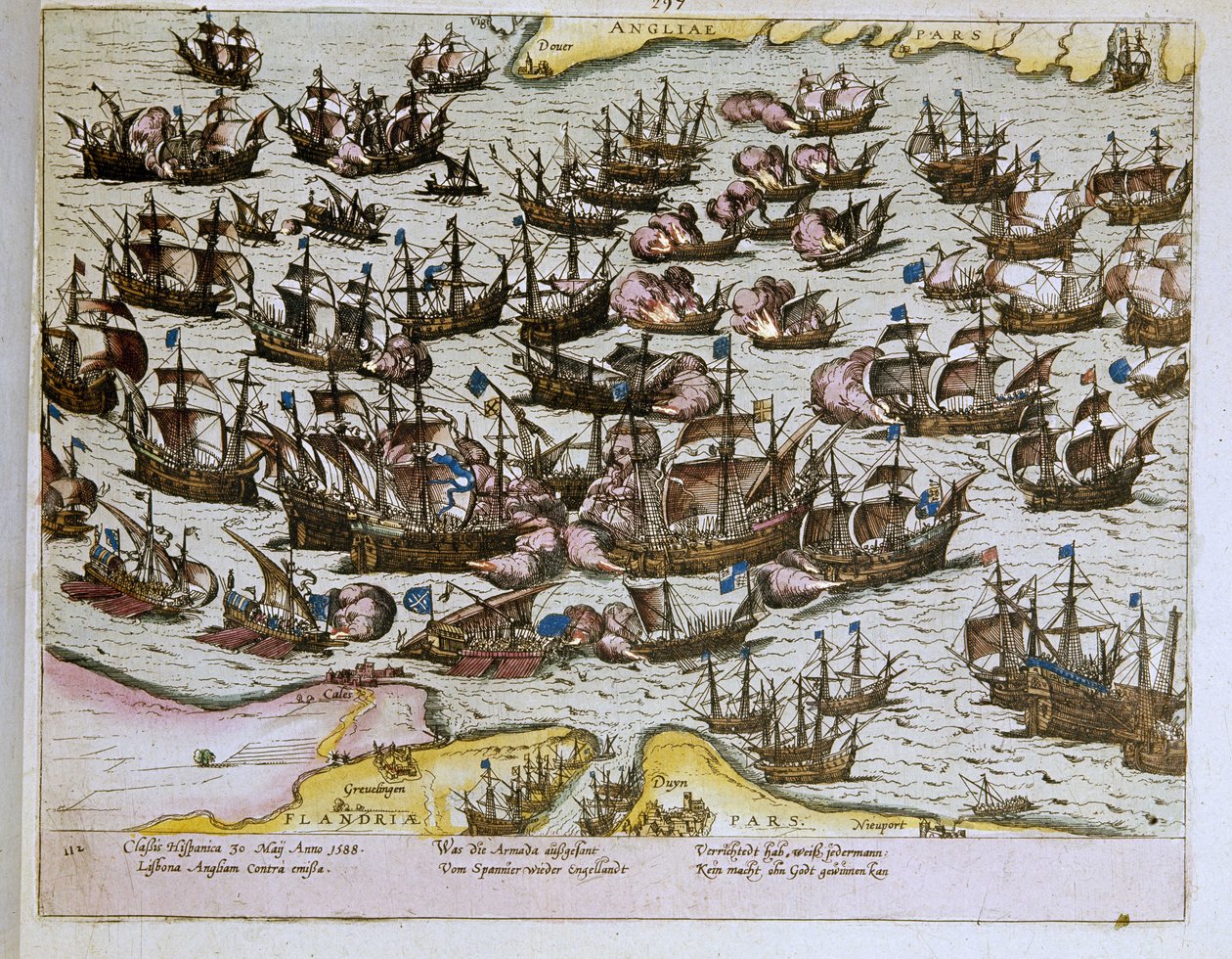 La derrota de la Armada Invencible Española por las costas inglesas el 08/08/1588, ilustración de 1653 (grabado) de Franz Hogenberg