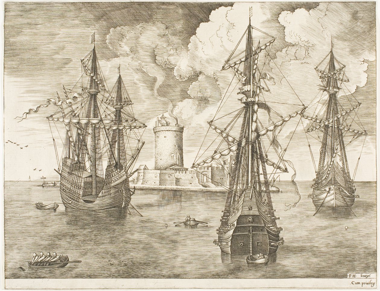 Cuatro mástiles y dos tres mástiles anclados cerca de una isla fortificada con un faro, de Los barcos de vela de Franz Huys