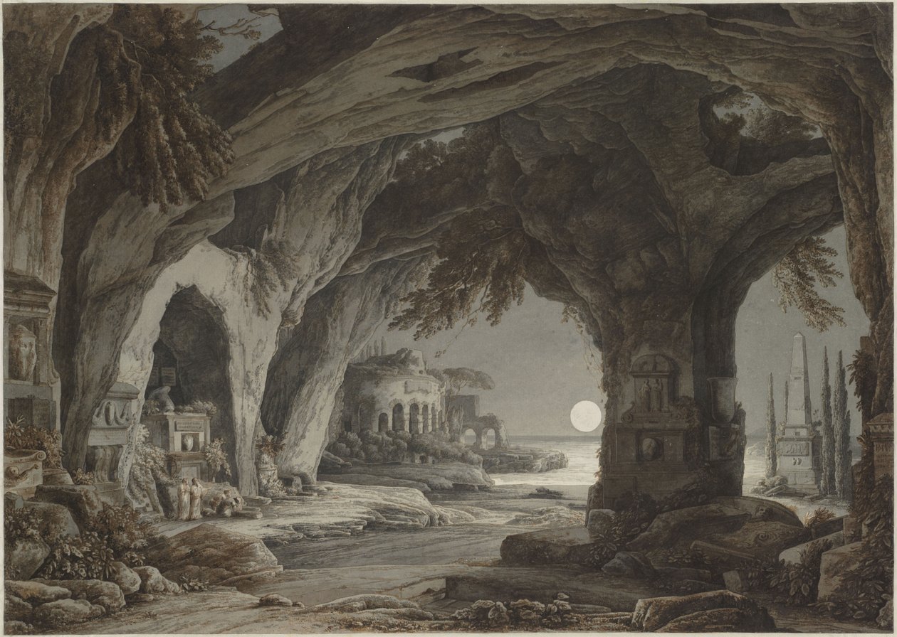 Paisaje ideal con gruta de roca, tumbas y ruinas a la luz de la luna, c. 1790 de Franz Innocenz Josef Kobell