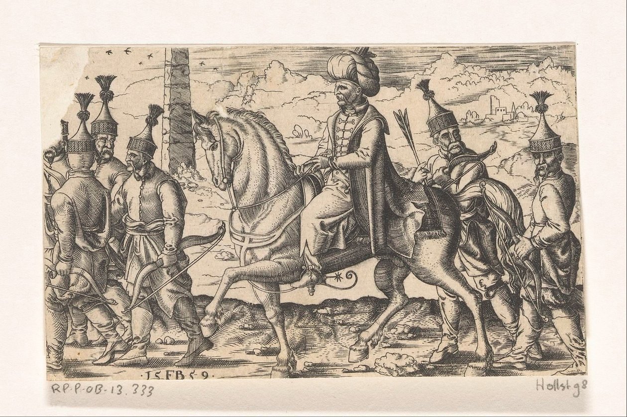 Sultán a caballo acompañado de soldados de Franz Isaac Brun