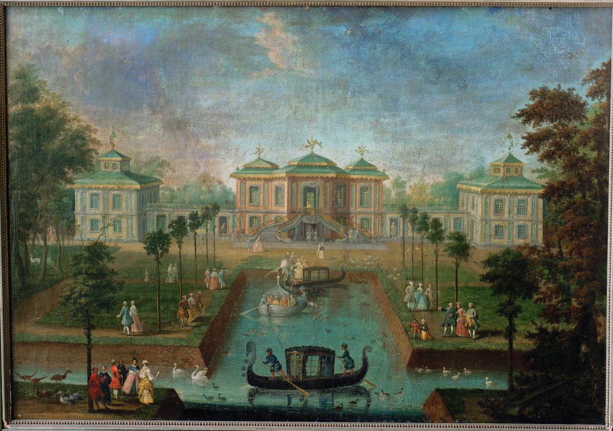 Vida cortesana en el parque del palacio de Augustusburg alrededor de la Casa de la India, vista desde el este ... de Franz Jakob Rousseau