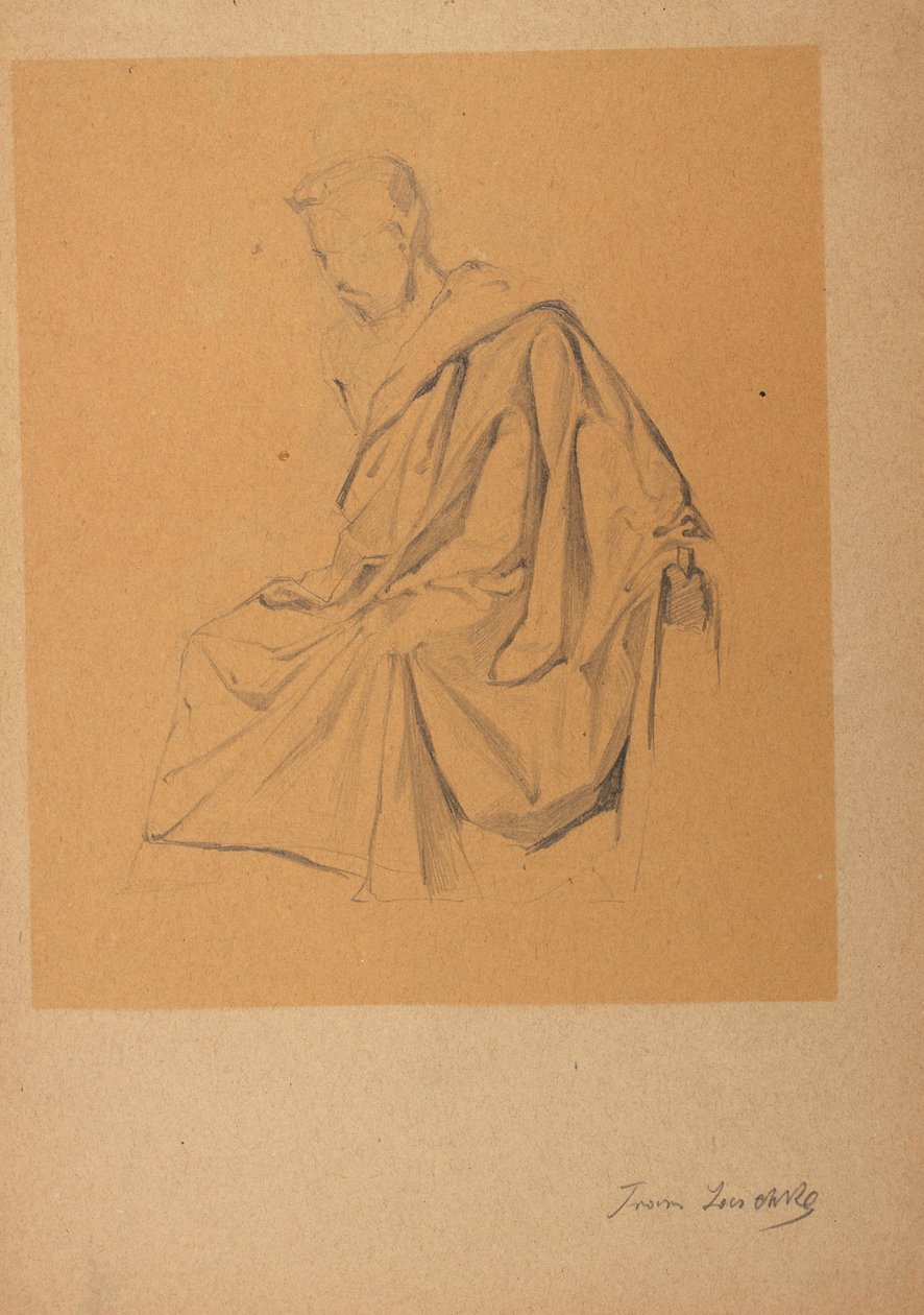 Estudio de la figura de un hombre sentado a la izquierda, vestido con un paño. de Franz Jaschke