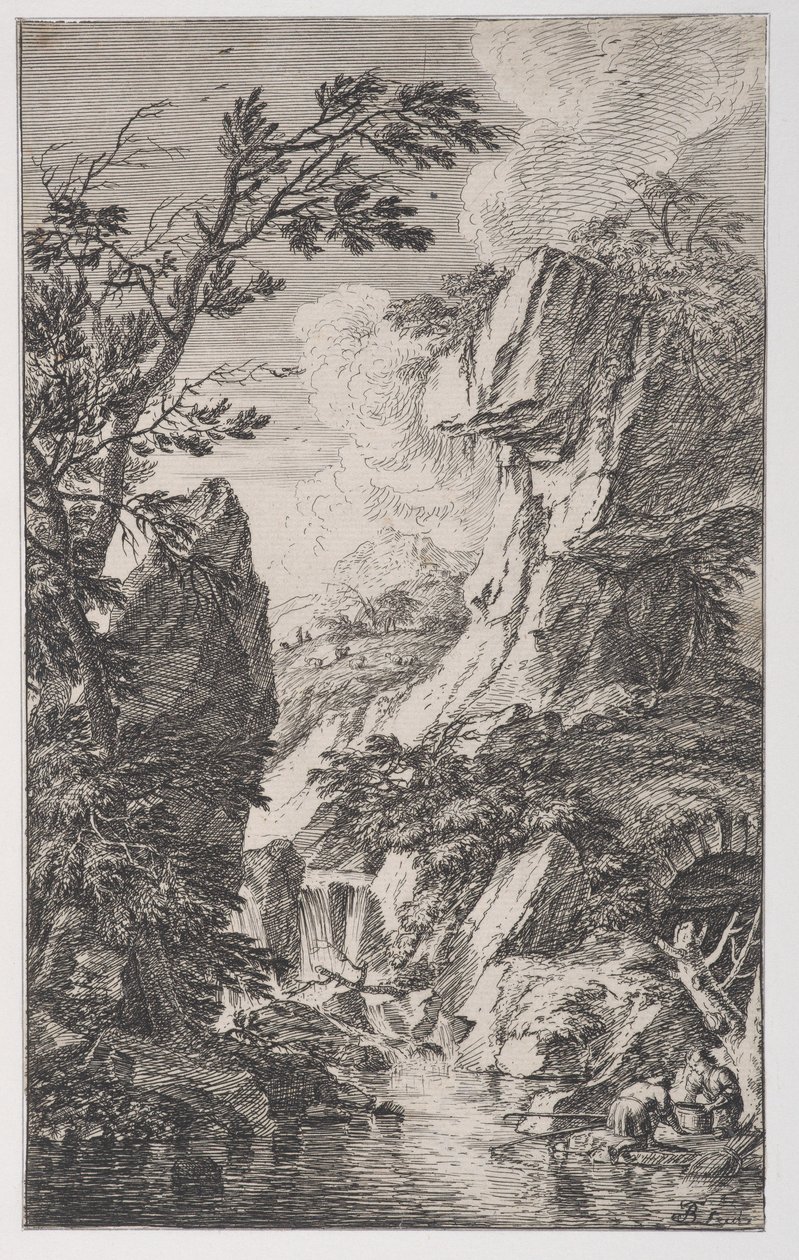 Placa 4: dos pescadores en la orilla de un arroyo a la derecha, una cascada en el centro, ca. 1700-25 de Franz Joachim Beich
