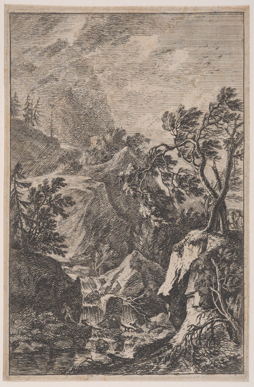 Placa 6: dos figuras masculinas de pie sobre una roca a la derecha, una cascada en el centro con un..., ca. 1700-25 de Franz Joachim Beich