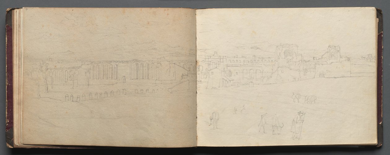 Álbum con vistas de Roma y alrededores, estudios de paisajes, página 08b y 09a: Vista panorámica de Franz Johann Heinrich Nadorp