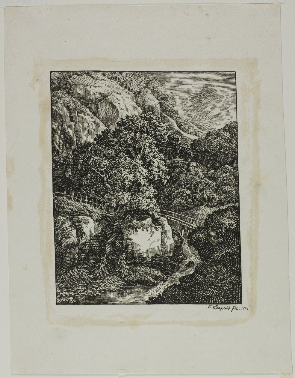Paisaje montañoso boscoso con una pequeña cascada y sendero de Franz Joseph Leopold