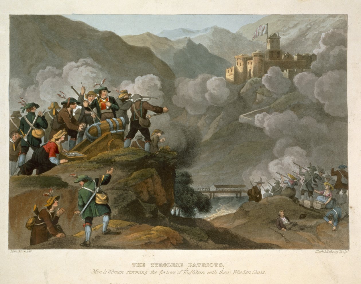 Los patriotas tiroleses asaltando la fortaleza de Kuffstein con sus cañones de madera, grabado por John Heaviside Clark y Matthew Dubourg de Anécdotas Históricas, Militares y Navales de Franz Joseph Manskirch