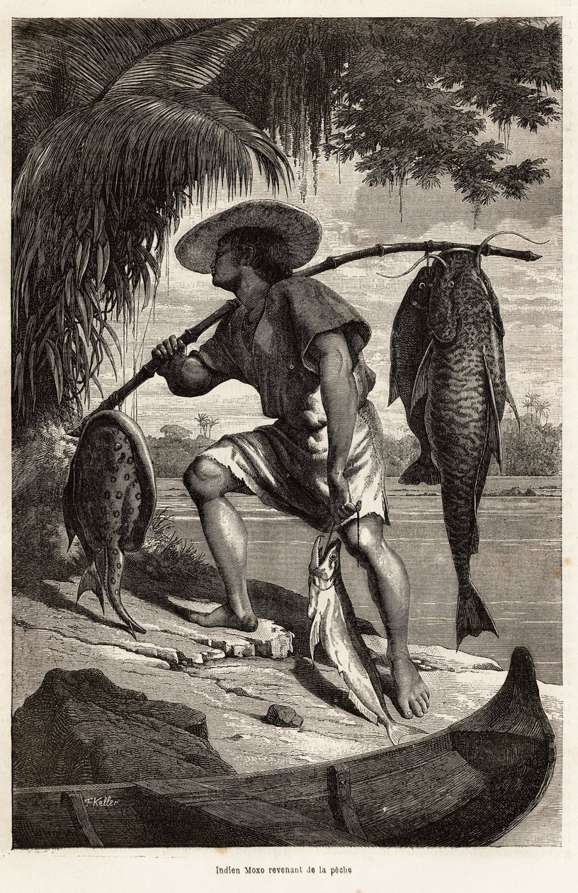 Indio Moxo (Mojo, Moxeno) (de la región de Mato Grosso) regresando de pescar, grabado después de un dibujo del narrador, ilustrando un viaje de exploración en el Amazonas y el Madeira, de 1874, por Franz Keller Leuzinger, publicado en 