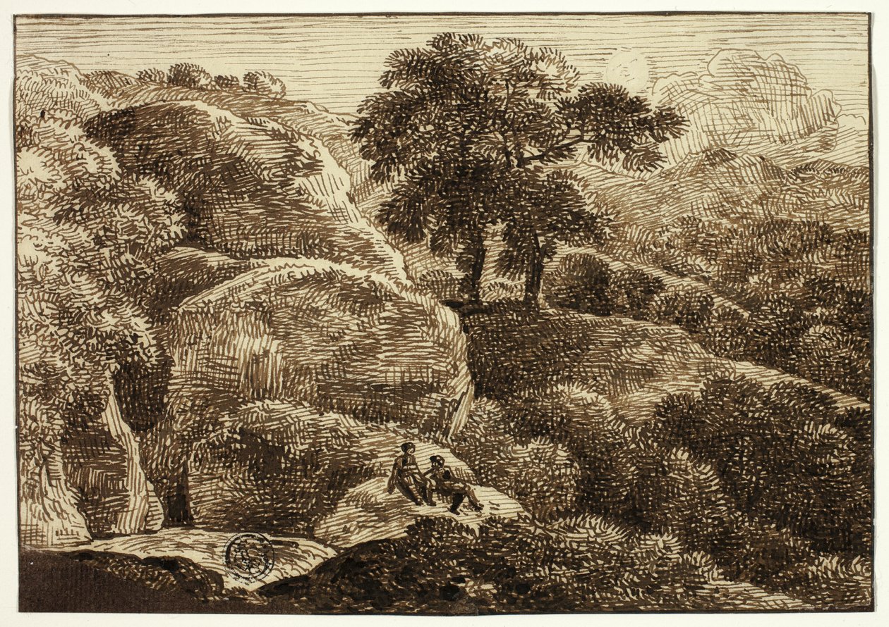 Dos figuras descansando en una ladera cerca de dos árboles de Franz Kobell