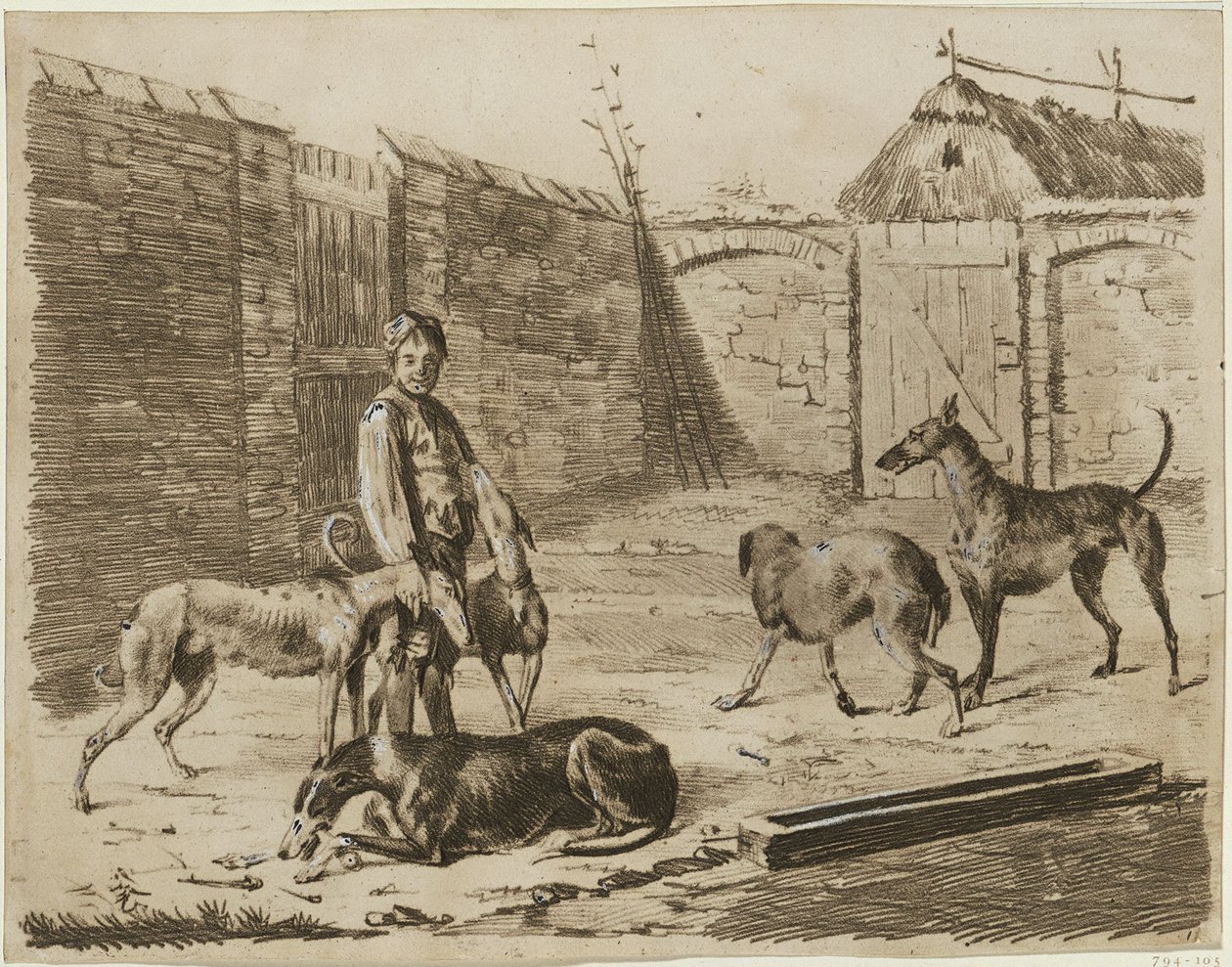 Patio, en el que hay un niño con perros de Franz Krüger