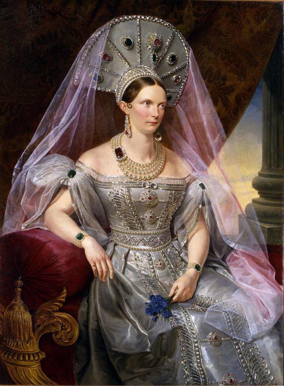Retrato de la Emperatriz Alexandra Fyodorovna Charlotte de Prusia, en kokoshnik, ca. 1836 de Franz Krüger