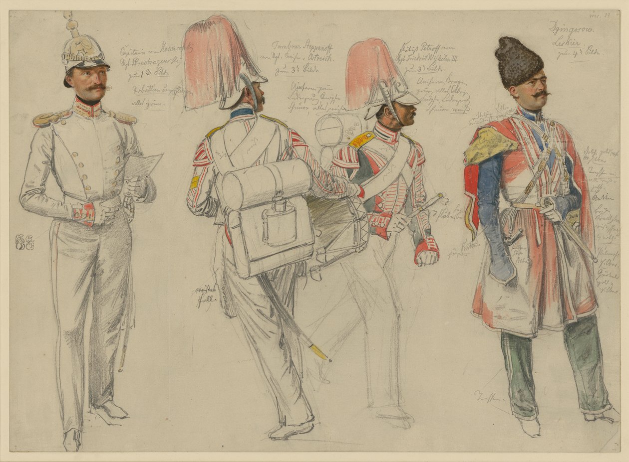 de Kossacowski, capitán del Regimiento Preobrazhenski; Steppanoff, tambor del Regimiento del Emperador de Austria; Petroff, flautista del Regimiento Federico Guillermo III; Dgingosow, de Leski de Franz Krüger