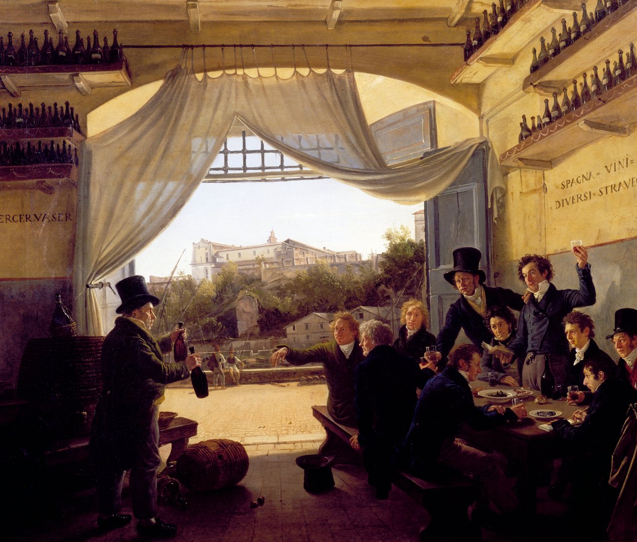 Luis II de Baviere bebiendo con amigos en la taberna del vino español en Roma. 1824 (óleo sobre madera) de Franz Ludwig Catel